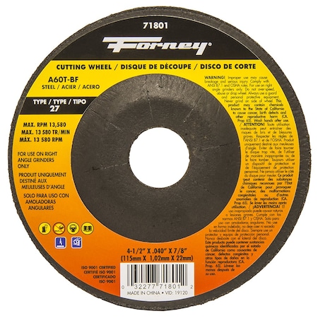 Forney 4-1/2 in. D X 7/8 in. X .040 in. thick Aluminum Oxide Metal Cut-Off Wheel 1 pc
